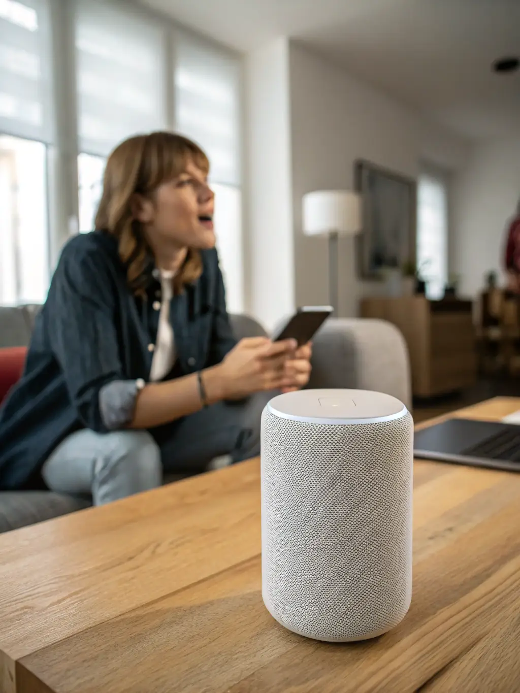 A person giving a voice command to a smart speaker to control the lights, demonstrating voice control integration.